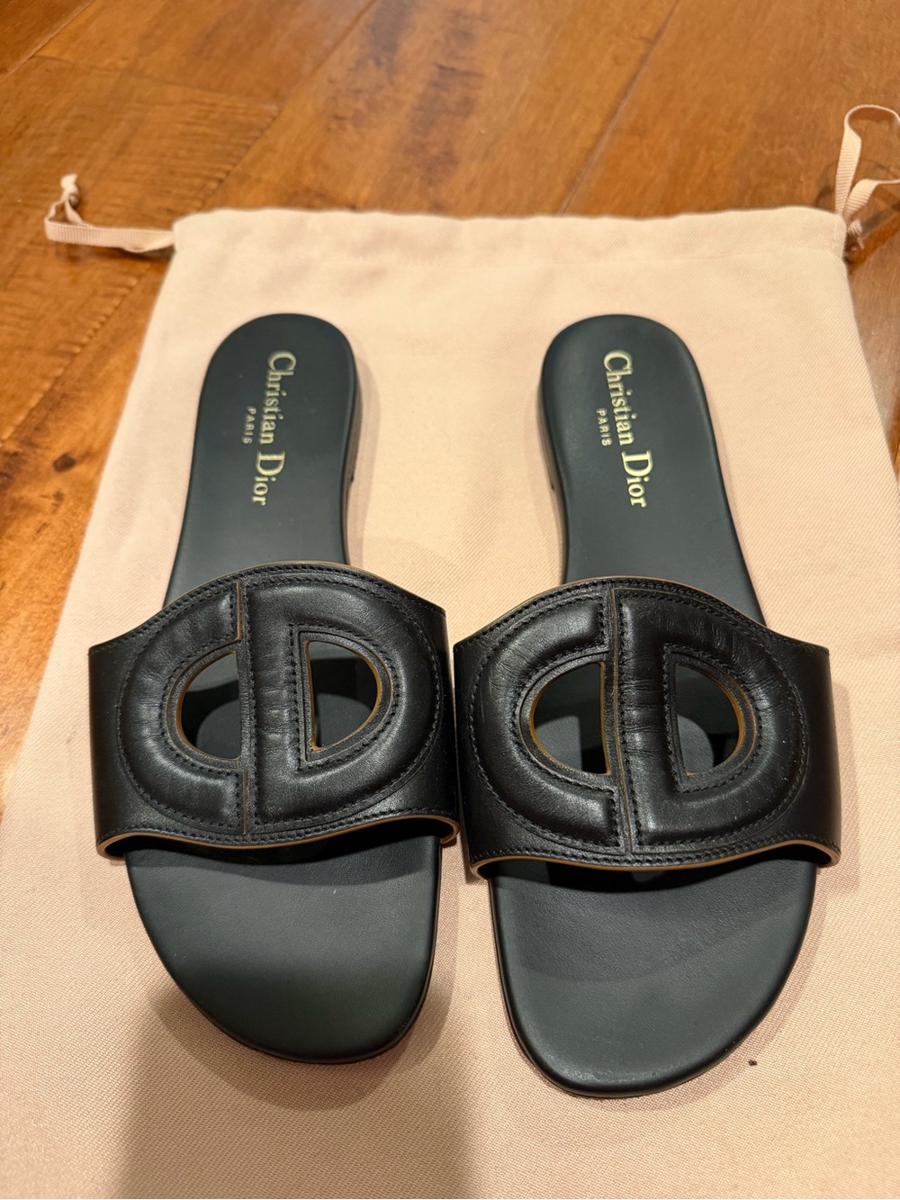 Dior Black Leather Cutout Slide Sandals